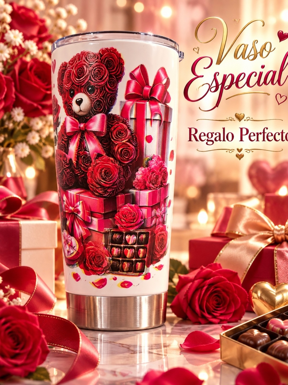 Insulated Floral Teddy & Gifts Travel Tumbler - Red